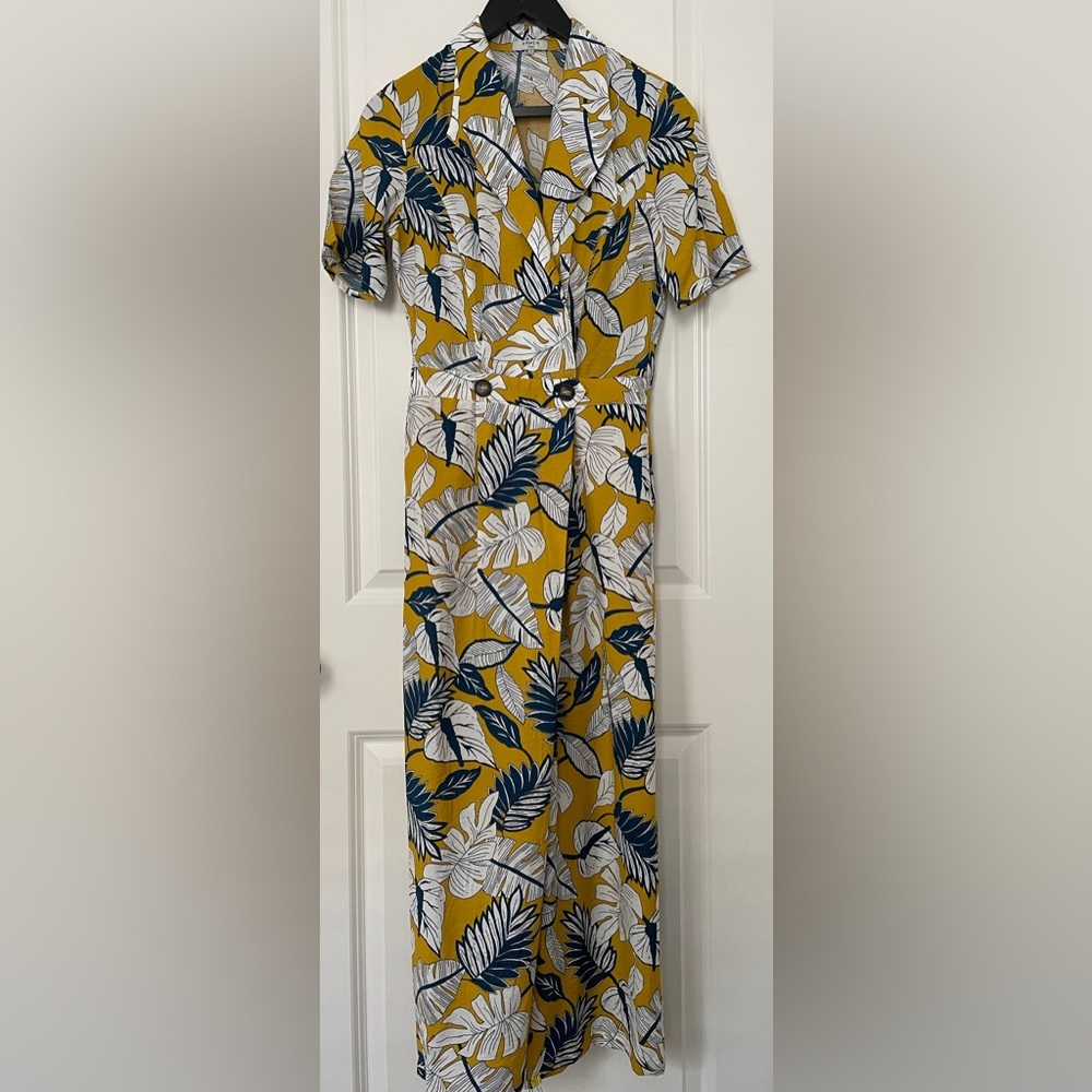 French Yellow and blue palm leaves short sleeve long pants jumpsuits